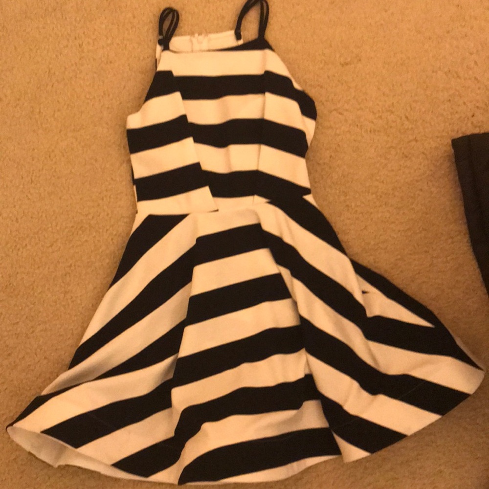 Black and white striped fit and flare dress